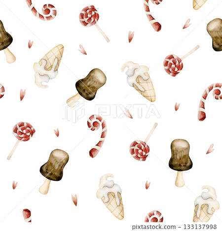 Cute ice cream candy cane sweets seamless pattern. Watercolor hand drawn illustration isolated on white background for baby nursery kids design holiday Christmas print home textile cozy wrapping paper 133137998