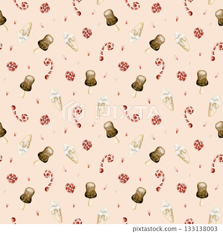 Cute ice cream candy cane sweets seamless pattern. Watercolor hand drawn illustration isolated on beige background for baby nursery kids design holiday Christmas print home textile cozy wrapping paper Cute ice cream candy cane sweets seamless pattern. Watercolor hand drawn illustration isolated on beige background for baby nursery kids design holiday Christmas print home textile cozy wrapping paper 133138003