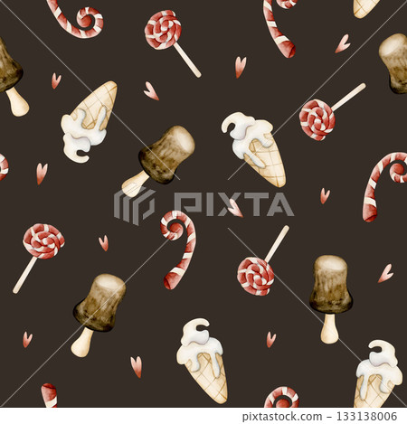 Cute ice cream candy cane sweets seamless pattern. Watercolor hand drawn illustration isolated on dark background for baby nursery kids design holiday Christmas print home textile cozy wrapping paper Cute ice cream candy cane sweets seamless pattern. Watercolor hand drawn illustration isolated on dark background for baby nursery kids design holiday Christmas print home textile cozy wrapping paper 133138006