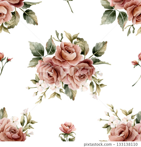 Roses with leaves seamless pattern on white background. Dusty pink garden Victorian flower. Watercolor hand painted floral illustration for wedding design home textile fabric cosmetic package wrapping Roses with leaves seamless pattern on white background. Dusty pink garden Victorian flower. Watercolor hand painted floral illustration for wedding design home textile fabric cosmetic package wrapping 133138110