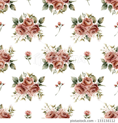 Roses with leaves seamless pattern on white background. Dusty pink garden Victorian flower. Watercolor hand painted floral illustration for wedding design home textile fabric cosmetic package wrapping 133138112