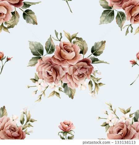 Roses with leaves seamless pattern on blue background. Dusty pink garden Victorian flower. Watercolor hand painted floral illustration for wedding design home textile fabric cosmetic package wrapping 133138113