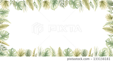 Monstera Palm Leaves Branches Tropical Exotic green plants frame. Watercolor hand painted summer pastel neutral isolated illustration on white background for nursery kids baby card logo label template 133138181