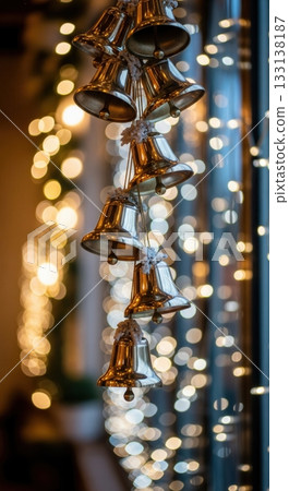 A close-up of golden Christmas bells with fake snow, against a warm bokeh lights background. This image evokes a festive, cozy, and magical holiday mood. Perfect for greeting cards or seasonal ads. A close-up of golden Christmas bells with fake snow, against a warm bokeh lights background. This image evokes a festive, cozy, and magical holiday mood. Perfect for greeting cards or seasonal ads. 133138187