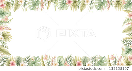 Monstera Palm Leaves Hibiscus Plumeria Flowers. Tropical Exotic frame. Watercolor hand painted summer pastel neutral isolated illustration on white background for nursery kids baby card logo label Monstera Palm Leaves Hibiscus Plumeria Flowers. Tropical Exotic frame. Watercolor hand painted summer pastel neutral isolated illustration on white background for nursery kids baby card logo label 133138197