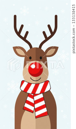 Cute cartoon reindeer wearing a red and white striped scarf surrounded by falling snowflakes, symbolizing holiday joy and winter celebration. Ideal for Christmas cards and festive decor. Cute cartoon reindeer wearing a red and white striped scarf surrounded by falling snowflakes, symbolizing holiday joy and winter celebration. Ideal for Christmas cards and festive decor. 133138415