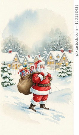 Charming watercolor Santa Claus walking through snowy village with a bag of gifts and glowing houses in background, ideal for Christmas greeting cards, festive prints, seasonal illustration projects. 133138435