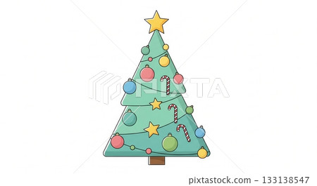 Bright and cheerful cartoon Christmas tree with stars, baubles, and candy canes on clean white background - ideal for festive cards, seasonal marketing, and holiday-themed designs. 133138547
