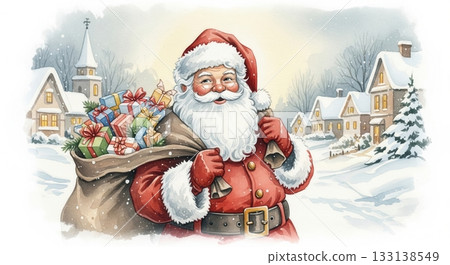Cheerful Santa Claus illustration carrying a bag of gifts through a snowy village with glowing houses - ideal for Christmas greeting cards, festive advertising, and winter holiday design projects. Cheerful Santa Claus illustration carrying a bag of gifts through a snowy village with glowing houses - ideal for Christmas greeting cards, festive advertising, and winter holiday design projects. 133138549