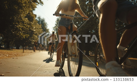 Close-up of bicycles in motion on a sunny park trail, capturing the dynamic feeling of a summer ride with warm light and carefree atmosphere. Great for lifestyle, youth, and seasonal visuals. 133138653