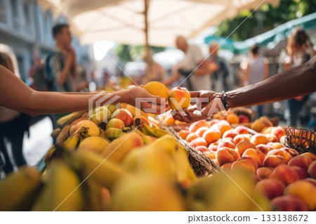 Hands exchanging ripe fruits in a sunny outdoor farmers market, surrounded by baskets of peaches and bananas. Ideal for visuals on local trade, sustainability, community, and organic lifestyle. 133138672