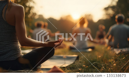 Group of people meditating on yoga mats in a peaceful park during sunset, practicing mindfulness and relaxation. Perfect for wellness themes, spiritual growth, and outdoor group activities. Group of people meditating on yoga mats in a peaceful park during sunset, practicing mindfulness and relaxation. Perfect for wellness themes, spiritual growth, and outdoor group activities. 133138673