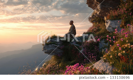 Monk in robe meditates on high mountain ledge at sunrise, surrounded by blooming wildflowers and soft clouds, creating a serene image of spiritual clarity and harmony with nature Monk in robe meditates on high mountain ledge at sunrise, surrounded by blooming wildflowers and soft clouds, creating a serene image of spiritual clarity and harmony with nature 133138696