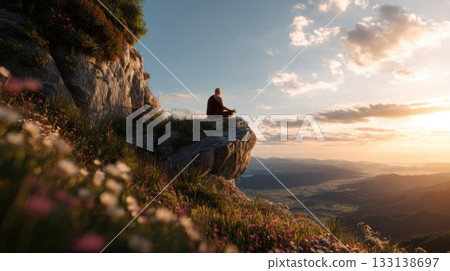 Buddhist monk meditates peacefully on a high cliff at dawn, overlooking vast mountain landscape and sunrise sky, perfect for themes of mindfulness and inner peace. Buddhist monk meditates peacefully on a high cliff at dawn, overlooking vast mountain landscape and sunrise sky, perfect for themes of mindfulness and inner peace. 133138697