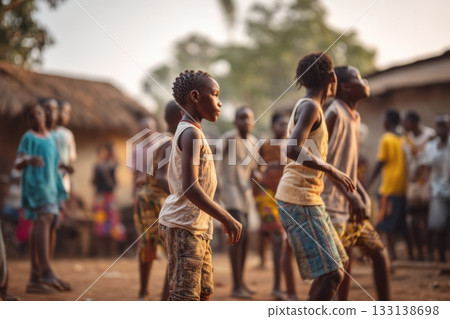 Children playing and interacting in a lively village setting at sunset, full of motion and emotion, perfect for illustrating themes of youth, rural life, joy, and culture. 133138698