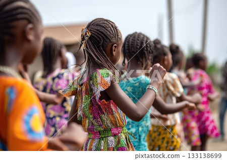 Girls joyfully dancing in bright traditional dresses outdoors, capturing an authentic cultural moment full of color, motion, and the spirit of community and celebration. 133138699