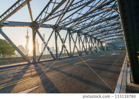 Morning street scene of Waibaidu Bridge and Lujiazui architectural complex in Shanghai Morning street scene of Waibaidu Bridge and Lujiazui architectural complex in Shanghai 133138760
