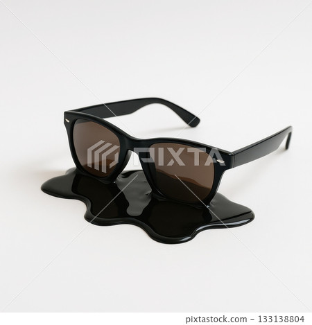 Black sunglasses melting on a minimal white background. A bold and surreal summer concept image ideal for visualizing heatwaves, rising temperatures, seasonal fashion, and environmental issues. 133138804