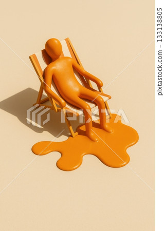 Abstract orange human figure melting in a deck chair on a beige background. Surreal and minimal concept image symbolizing heat exhaustion, global warming, or extreme summer conditions. 133138805