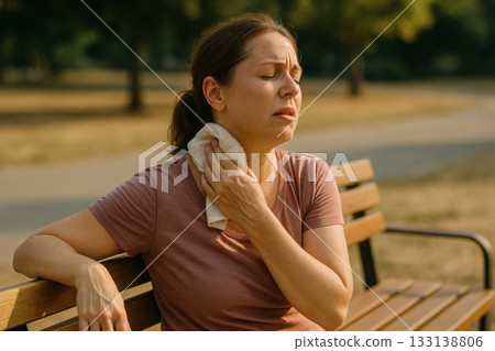 A tired middle-aged woman wipes sweat with a towel while sitting on a bench in a sunny park. A realistic depiction of summer heat exhaustion, fatigue, or outdoor discomfort during a heatwave. A tired middle-aged woman wipes sweat with a towel while sitting on a bench in a sunny park. A realistic depiction of summer heat exhaustion, fatigue, or outdoor discomfort during a heatwave. 133138806