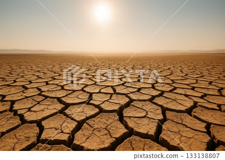 A vast cracked landscape of dry earth under the blazing sun. Ideal for illustrating concepts of drought, global warming, heatwaves, climate crisis, or extreme weather conditions in arid regions. 133138807