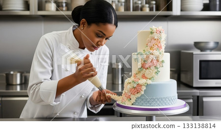A professional pastry chef decorates a layered floral cake with icing in a modern kitchen. Perfect for themes of baking, cake design, dessert preparation, and culinary craftsmanship. 133138814