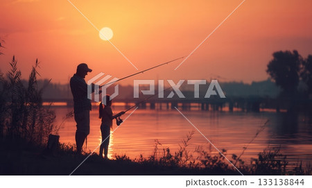 A warm silhouette of a father and daughter standing by the lake and fishing together at sunset. Perfect for themes of family, bonding, childhood memories, and tranquil outdoor activities. A warm silhouette of a father and daughter standing by the lake and fishing together at sunset. Perfect for themes of family, bonding, childhood memories, and tranquil outdoor activities. 133138844