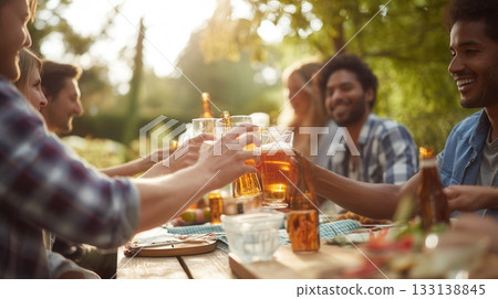 Happy group of friends raising glasses for a summer toast in a garden setting. Great for lifestyle visuals, social gatherings, beer celebrations, and warm outdoor moments. Happy group of friends raising glasses for a summer toast in a garden setting. Great for lifestyle visuals, social gatherings, beer celebrations, and warm outdoor moments. 133138845
