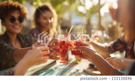 A cheerful group of women enjoying a toast with strawberry cocktails at a sunny summer table. Great for lifestyle visuals, outdoor celebrations, drinks, and warm social moments A cheerful group of women enjoying a toast with strawberry cocktails at a sunny summer table. Great for lifestyle visuals, outdoor celebrations, drinks, and warm social moments 133138846