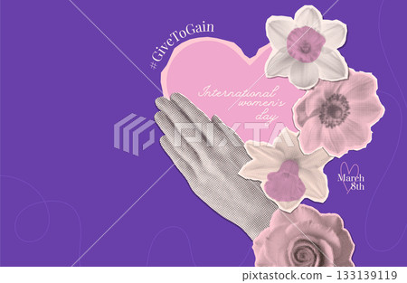 IWD 2026 Mixed media halftone female collage banner with copy space - hand holding heart and flowers, torn out papers. Banner template for International womens day, feminism, gender equality. Vector IWD 2026 Mixed media halftone female collage banner with copy space - hand holding heart and flowers, torn out papers. Banner template for International womens day, feminism, gender equality. Vector 133139119
