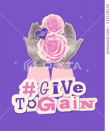 2026 IWD halftone collage with slogan GiveToGain. Female hands holding roses forming shape of number 8. International Women s Day. Design for posters, social media posts. Vector paper mixed media art. 2026 IWD halftone collage with slogan GiveToGain. Female hands holding roses forming shape of number 8. International Women s Day. Design for posters, social media posts. Vector paper mixed media art. 133139120