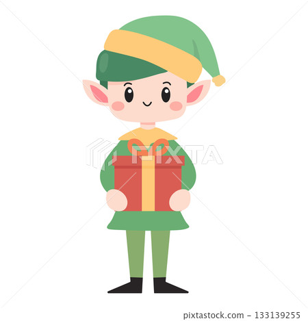 Cute little elf holding a gift box. Vector illustration design. Cute little elf holding a gift box. Vector illustration design. 133139255