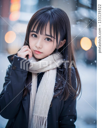 一位年輕女子在雪夜裡孤獨地站在閃閃發光的聖誕燈飾下 133139322