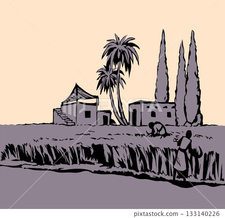 Vector drawing. Reapers in the field 133140226