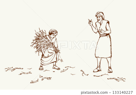 Vector drawing. Woman collecting firewood 133140227