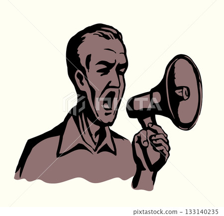 Vector Illustration. Man Shouting Into Megaphone 133140235