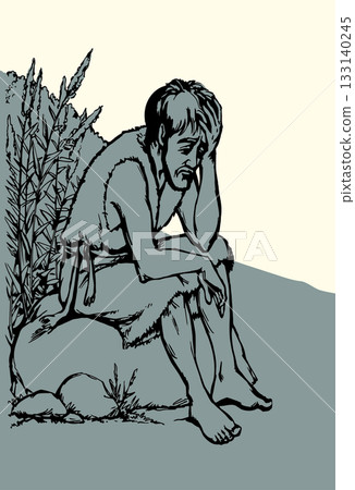 Vector drawing. A sad man and pigs 133140245