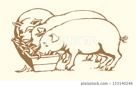 Vector drawing. Pigs eating rhe food Vector drawing. Pigs eating rhe food 133140246