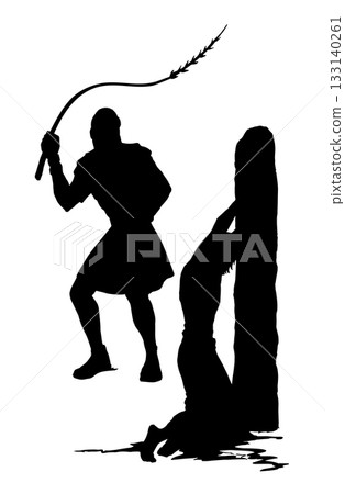 Vector drawing. Beaten man tied to a pole 133140261