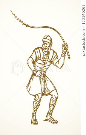 Vector drawing. Beaten man tied to a pole 133140262