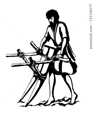 Vector drawing. Man with old wooden plow 133140277