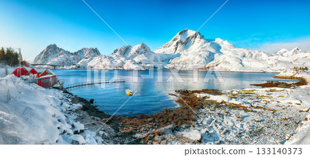 Amazing view of village on Sundstraumen strait and Kakern Bridge Amazing view of village on Sundstraumen strait and Kakern Bridge 133140373