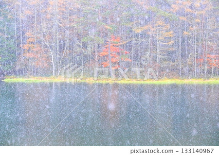 米沙卡池塘上的秋葉和積雪 133140967