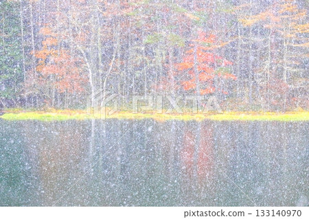 Autumn leaves and snow on Mishaka Pond 133140970