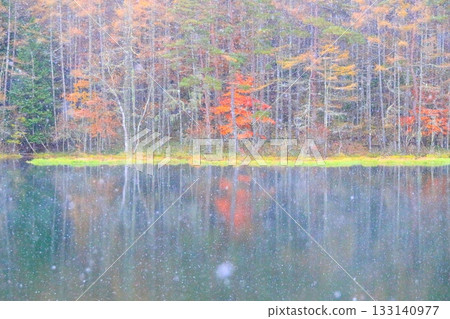 Autumn leaves and snow on Mishaka Pond 133140977