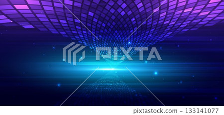 Abstract futuristic square pattern curve on dadk background with horizontal geometric blue overay and lighting effect. Abstract futuristic square pattern curve on dadk background with horizontal geometric blue overay and lighting effect. 133141077