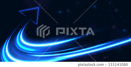 Futuristic glowing blue arrow curved rays on dark blue background. Hi-speed night effect blur speed motion moving. Futuristic glowing blue arrow curved rays on dark blue background. Hi-speed night effect blur speed motion moving. 133141080