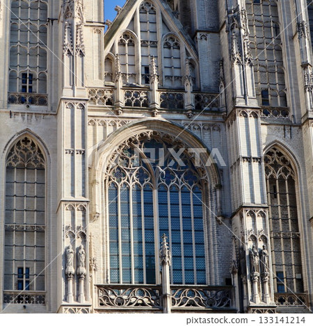 Cathedral of Our Lady, Antwerp, Belgium, looking up at the historic gothic architecture and intricate detailing of the facade. Antwerp, Belgium 133141214
