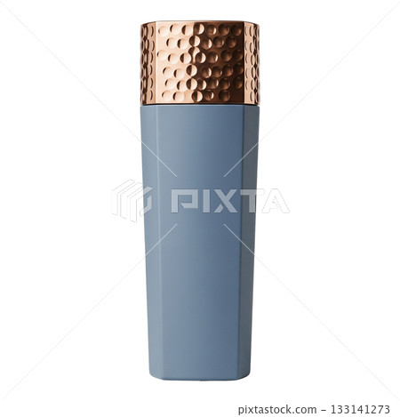 Elegant blue cosmetic bottle with textured copper cap for premium beauty product mockup 133141273