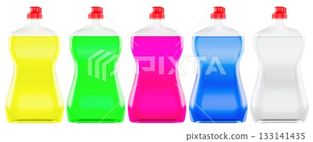 Dishwashing liquid bottles set, different colorful detergent cleaning product. 3D rendering Dishwashing liquid bottles set, different colorful detergent cleaning product. 3D rendering 133141435